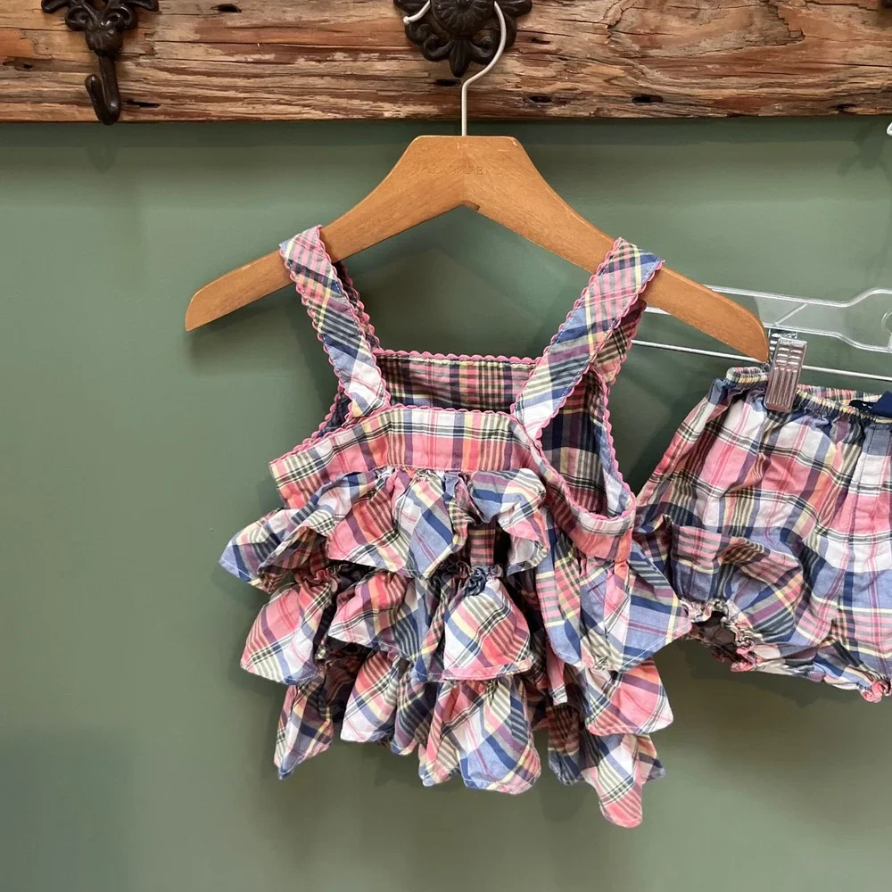 Ralph Lauren Baby Girls 18M Plaid Ruffle Sun Top and Bloomers Set Pink Blue